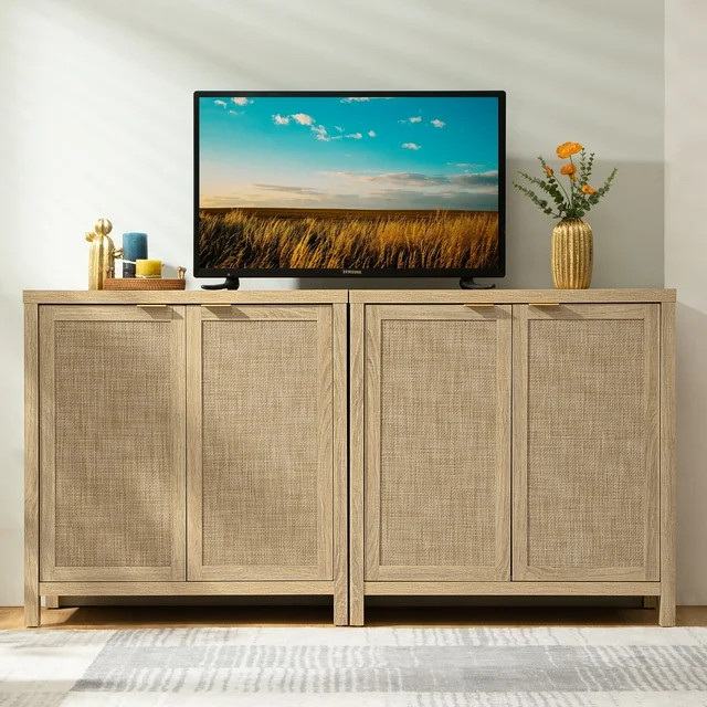SICOTAS Rattan Sideboard Buffet Set of 2, Kitchen Cupboard Farmhouse Storage Cabinet with 2 Shelv... | Walmart (US)