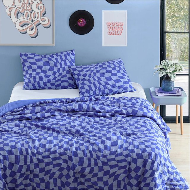 Urban Shop 3 Piece Textured Blue Check Comforter Set, Full/Queen | Walmart (US)