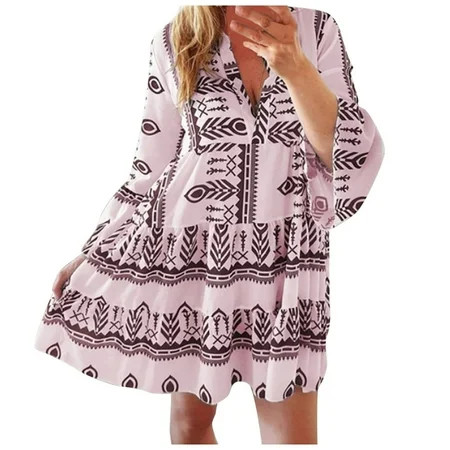 J21439 Women AZTEC STYLE TIERED TUNIC Holiday Style Bohemian Style Long Skirt Dress | Walmart (US)