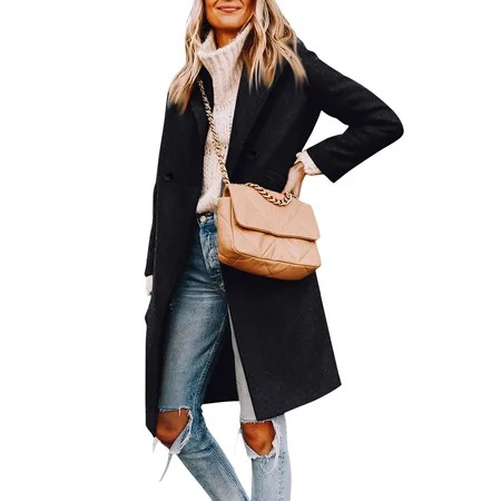 Huankd Women s Wool Pea Coats Casual Lapel Single-Breasted Long Peacoat Trendy 2024 Fall Winter Jackets Outfits for Women Black S | Walmart (US)