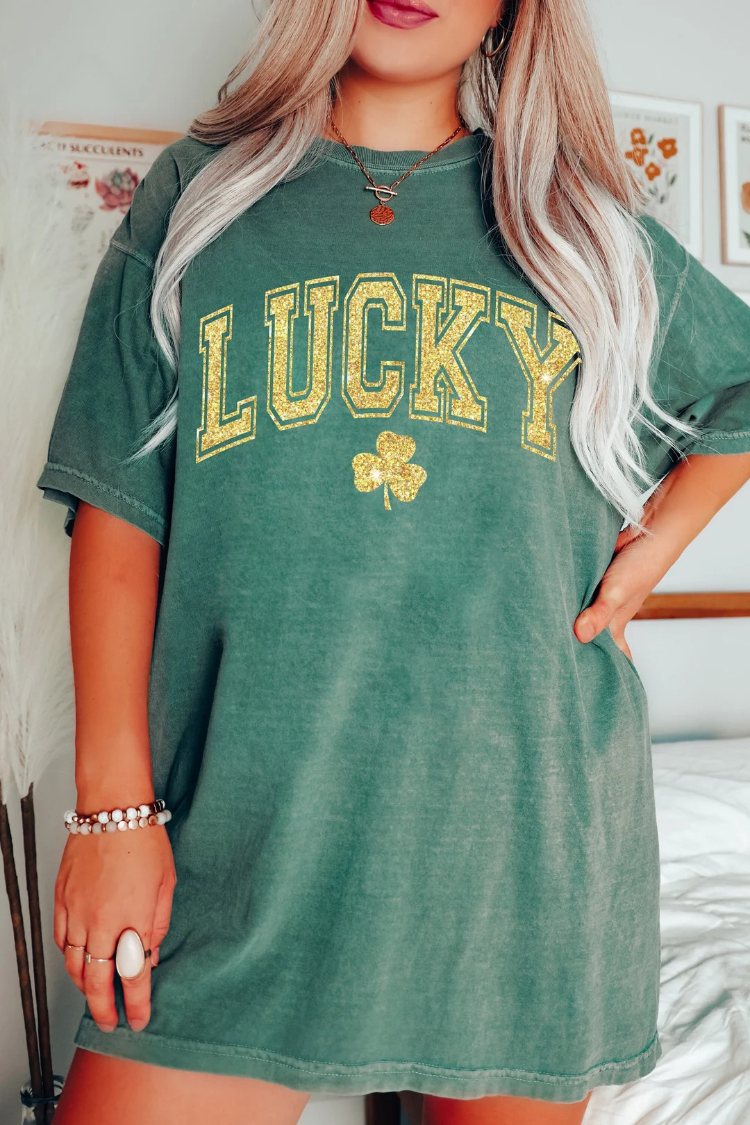 Lucky Comfort Colors® Tee Glitter St Patricks Day UNISEX Tee Glitter Shamrock Shirt No Shed Glit... | Etsy (US)