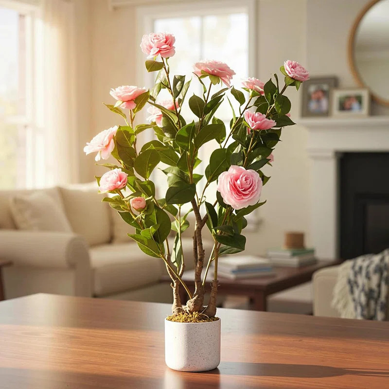 Latitude Run® Artificial Camellia Tree in Pot, Lifelike Flowers for Indoor & Outdoor Home Office... | Wayfair North America