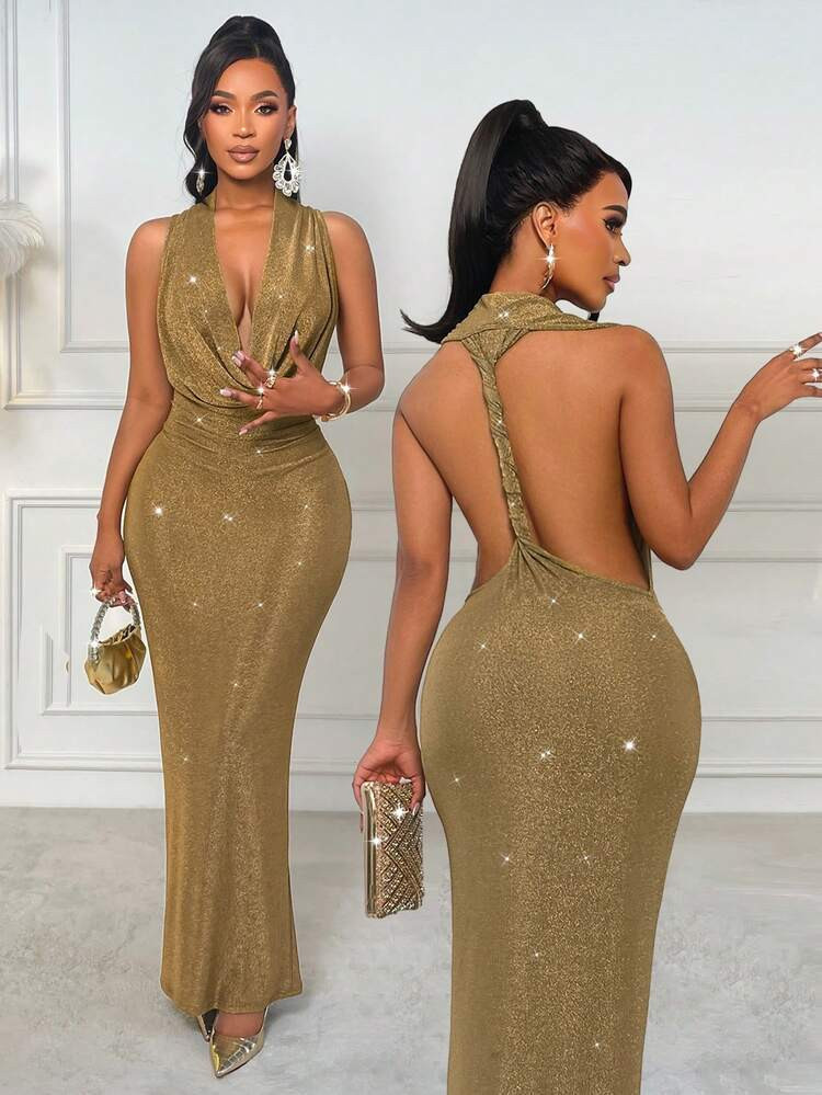 AIJ Amarilo Women's Autumn And Winter Solid Color High Elastic Backless Swing Neck Braid Elegant Date Party Dress Summer | SHEIN