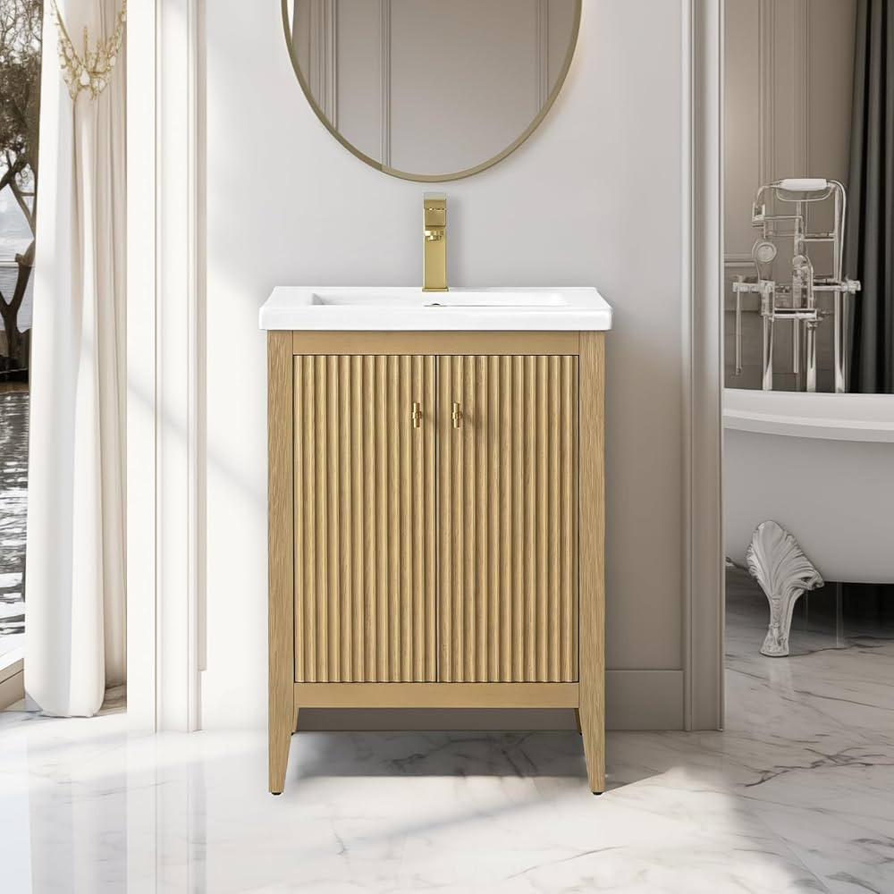Vanity Art 24 inch Oak Bathroom Vanity with Single Sink & Ceramic Top, Vanity Cabinet with Soft-C... | Amazon (US)