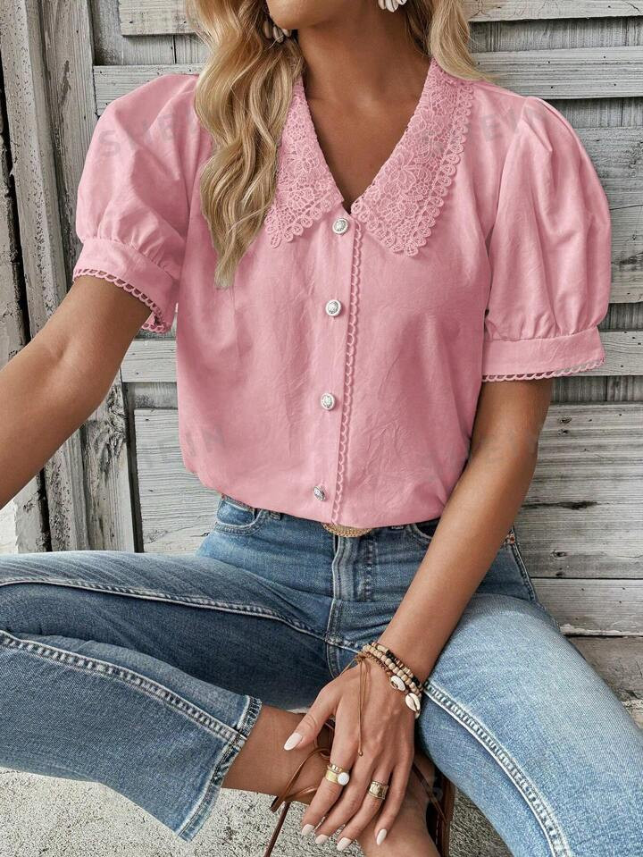 SHEIN Essnce Vacation Leisure Solid Color Lace Patchwork Bubble Sleeve Shirt | SHEIN