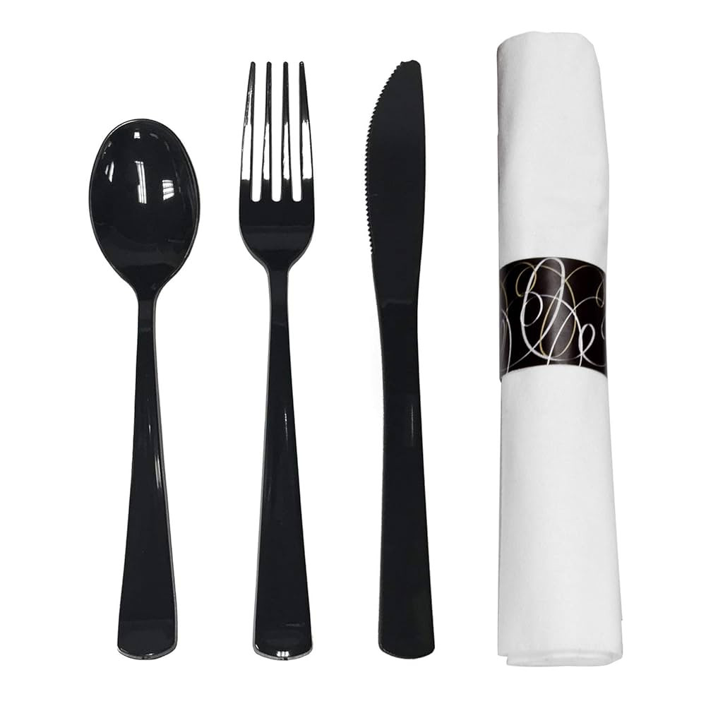 Party Essentials Pre-Rolled Disposable Extra Heavy Duty Plastic Cutlery Kit with Black Fork/Knife... | Amazon (US)
