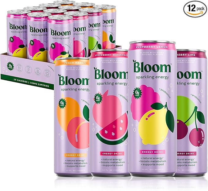 Bloom Nutrition Sparkling Energy Drink - Variety Pack - Natural Caffeine, Zero Sugar, 180mg Caffe... | Amazon (US)