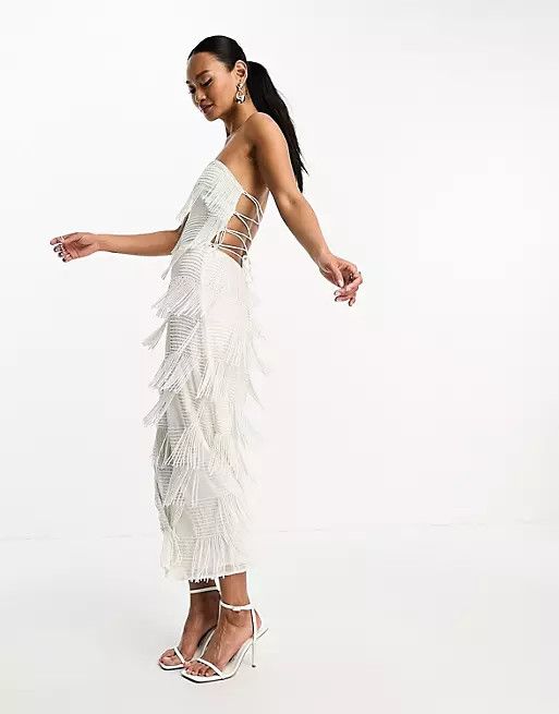 ASOS DESIGN beaded embellished bandeau midi dress in white | ASOS (Global)