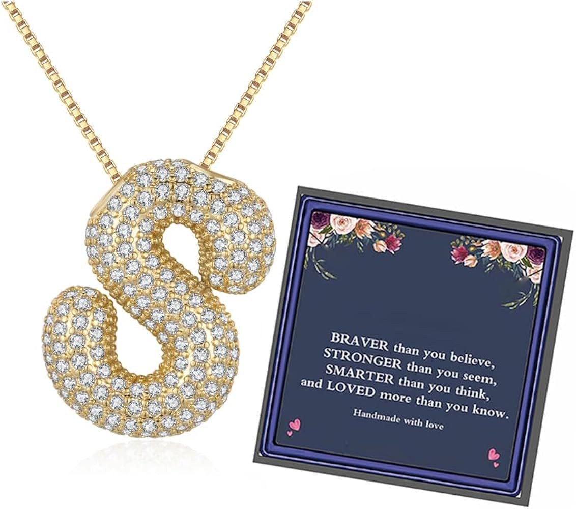 Bubble Letter Necklace Gold For Women, Cubic Zirconia Balloon Initial Alphabet Pendant 18k Gold P... | Amazon (US)