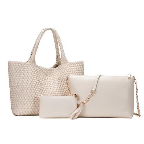 Woven Tote Bag for Women Large Fashion Summer Beach Tote Bagsand Purses Braided Bags Three piece women's bag set (beige) | Amazon (US)