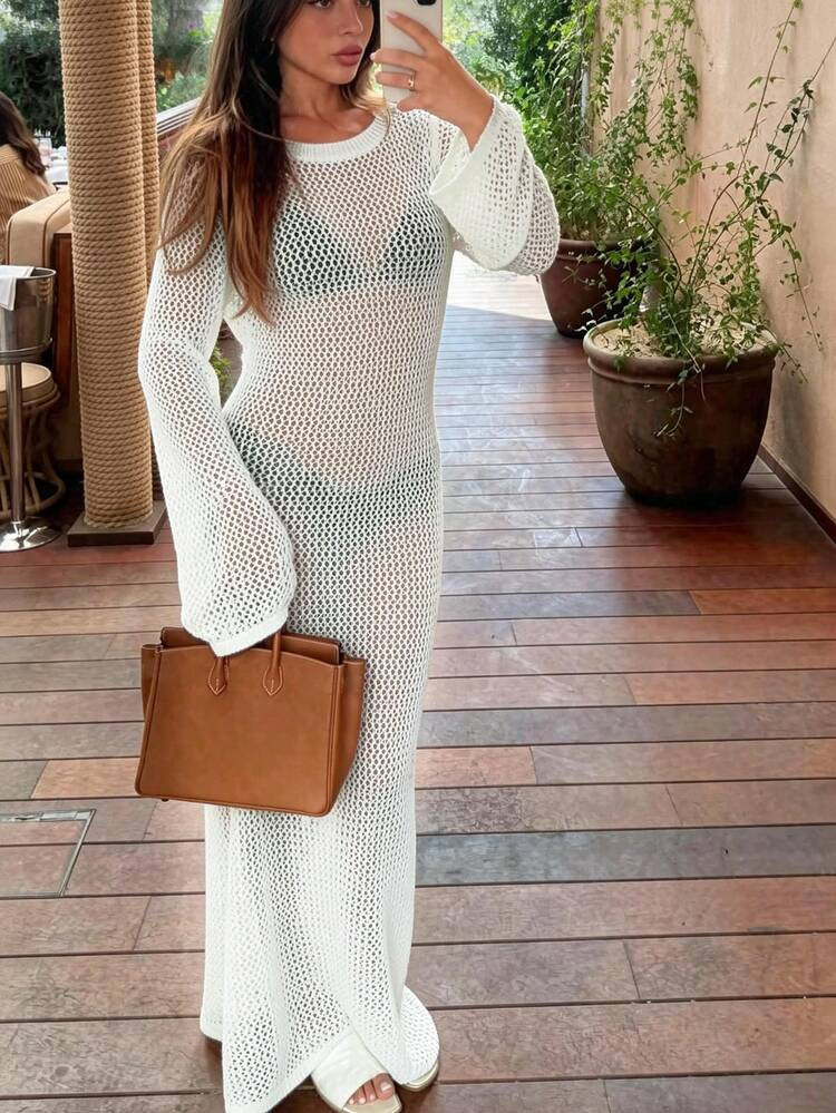 MORI 2026 Spring/Summer New Women's Deep Brown Hollow-Out Knit Dress: Backless + Fitted Silhouette, Long Sleeves Can Naturally Drape/Loosely Hang On Arms, Crochet Hollow-Out Fabric, Suitable For Spring/Summer Dates, Beach Vacations, Valentine's Day/Afternoon Tea With Friends, A Dress With Sexy, Elegant And Seasonal Adaptability White | SHEIN