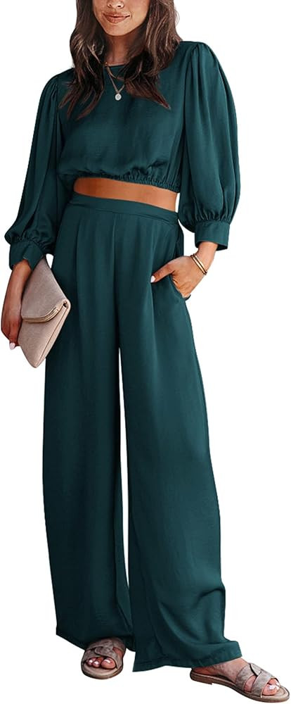 BTFBM Women's 2 Piece Lounge Set Satin Outfits 2023 Fall Casual Long Puff Sleeve Crop Tops Loose ... | Amazon (US)