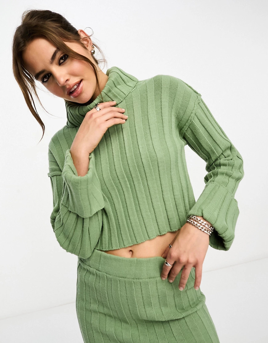 ASOS DESIGN crop sweater with high neck in rib in khaki - part of a set-Green | ASOS (Global)