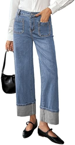 EVALESS Womens Jeans High Waisted Stretchy Cuffed Wide Leg Denim Pants with Pockets | Amazon (US)