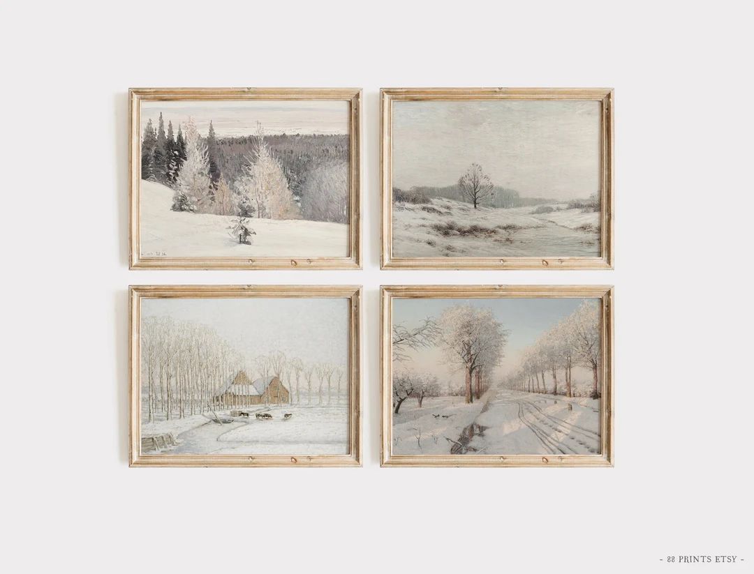 Muted Vintage Winter Set of 4 Prints | Winter Christmas Art | Vintage Winter Art | Country Holida... | Etsy (US)