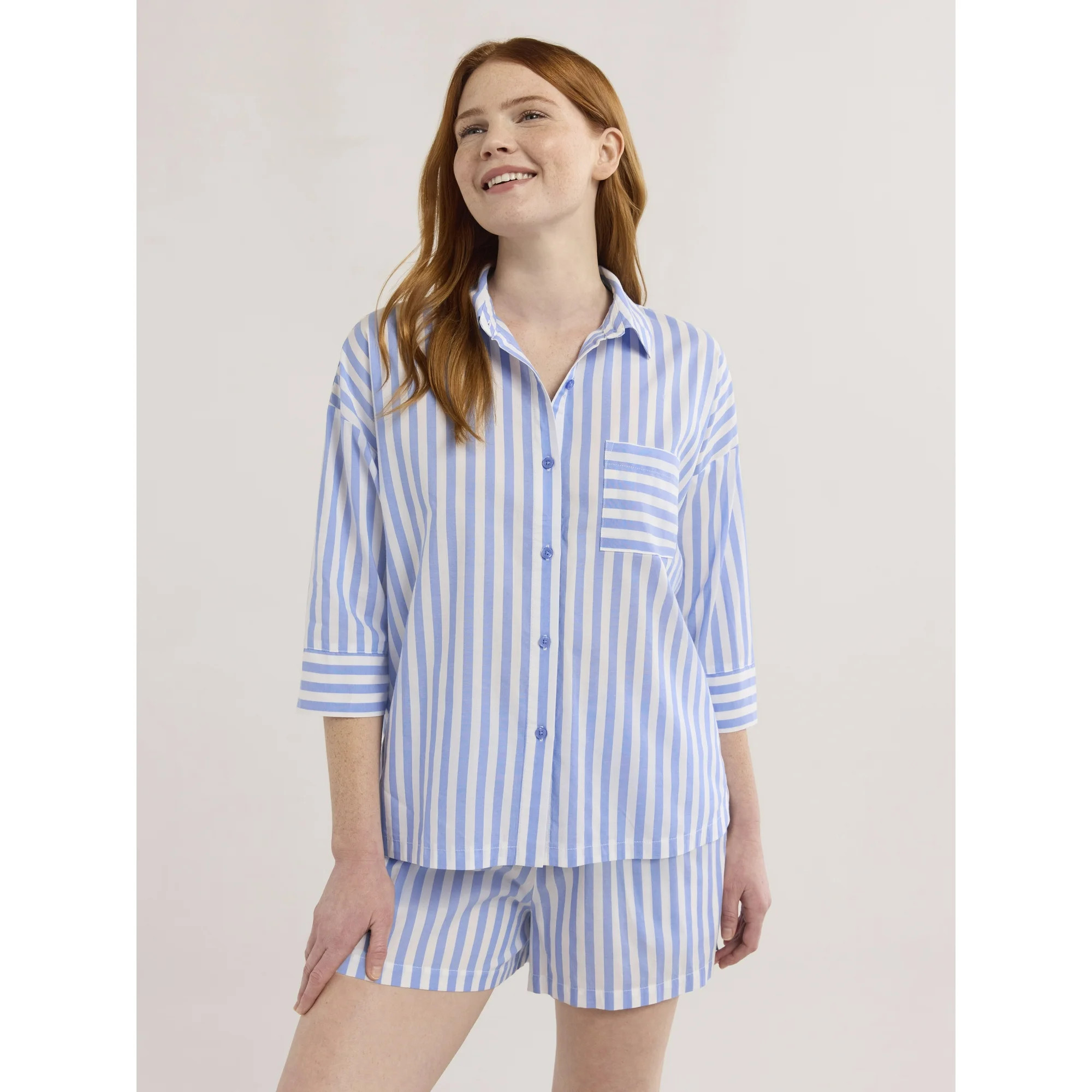 Joyspun Women’s Woven ¾ Sleeve Notch Collar Top and Boxer Shorts Pajama Set, Sizes XS-3X | Walmart (US)