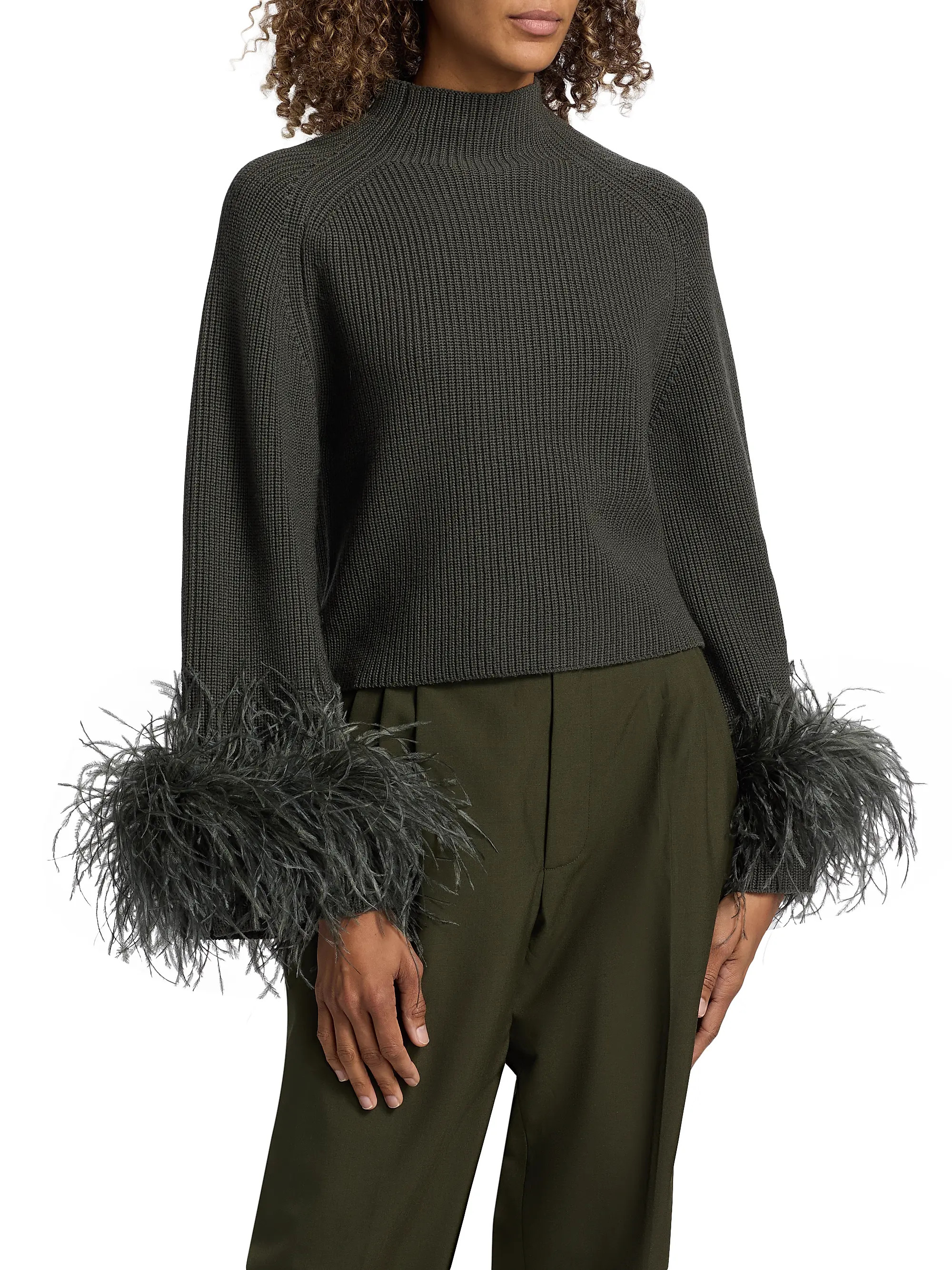 Feather-Cuff Mock Turtleneck Wool Sweater | Saks Fifth Avenue