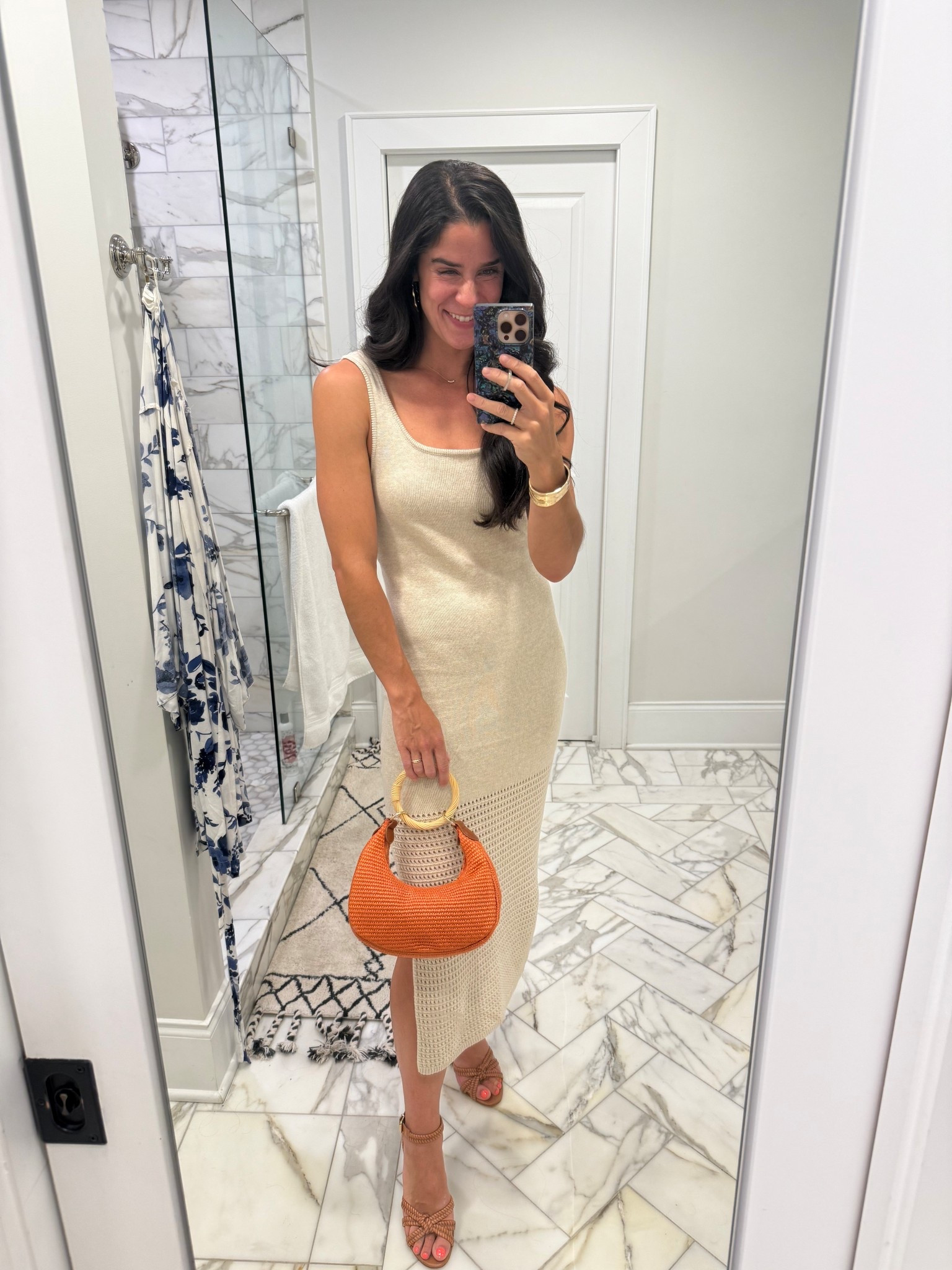 Love this easy dress. It’s thick enough to be flattering and not see through at all but not so heavy that it’s hot. Pretty hem and slit details. Runs TTS, figure flattering but not snug, wearing a small. Size down if you want more of a bodycon look 

My bag is a fun pop of color and good quality for the price.

I’ve been wearing this bracelet with everything. I love it so much! Great quality and price. 

My earrings are sold out (at least where I am, but linked similar that I have and love) 

These are some of my favorite heels- I got them last year but if you search you can still find some sizes. Run TTS. Wearing a 9
