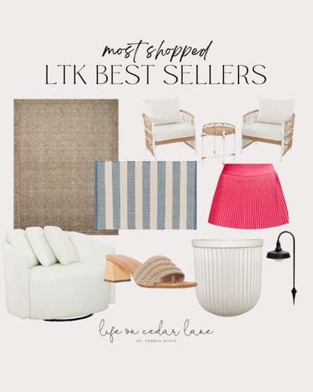 Best sellers in home decor and fashion including my loloi rug, outdoor rug, Walmart patio set, white swivel chair, pink tennis skirt from lululemon, beige sandals, Walmart planter, and solar powered walkway lights 

#LTKstyletip #LTKhome
