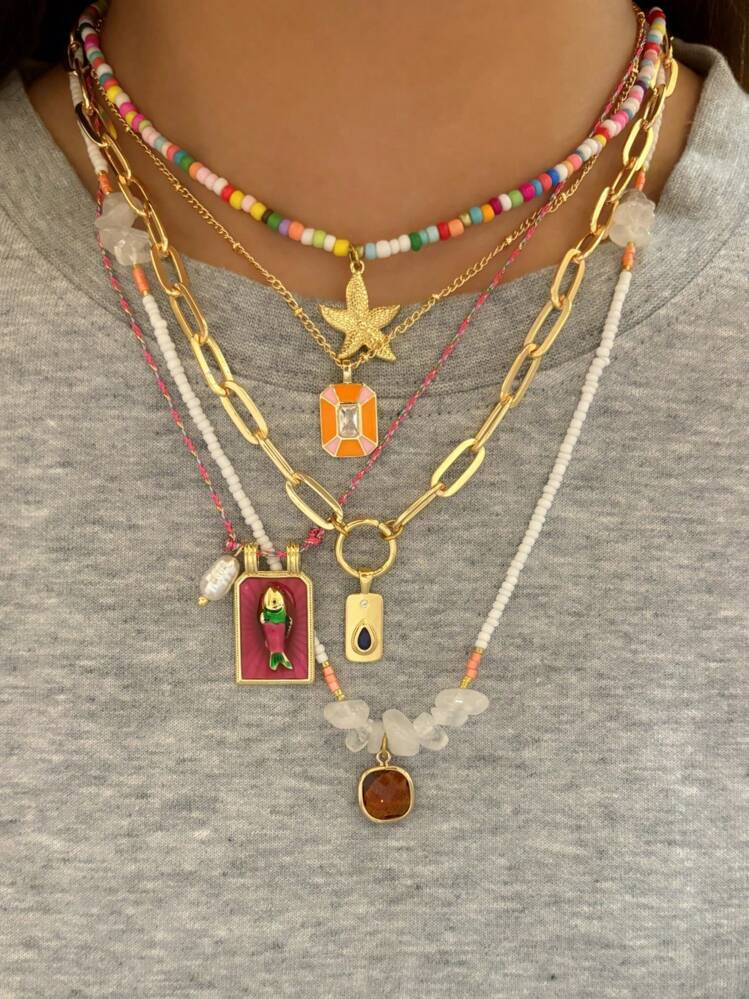 5pcs/Set Fashionable Asymmetrical Natural Stone Beaded Colorful Square Fish & Starfish Pendant Necklace, Multilayer Design, Women Daily Party Jewelry Accessory, Suitable For All Seasons | SHEIN