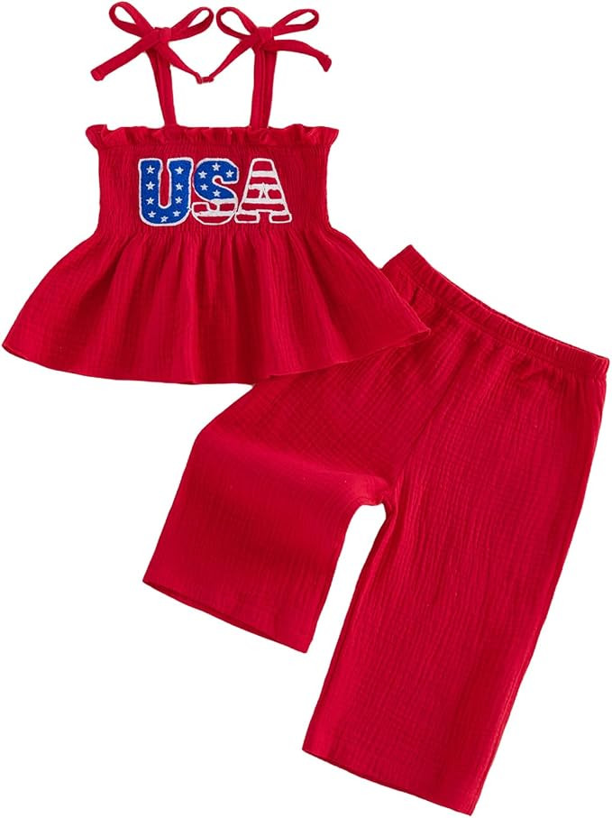 Kayotuas 4th of July Toddler Girl Outfit USA Smocked Spaghetti Strap Tank Top Dress Wide Leg Pant... | Amazon (US)