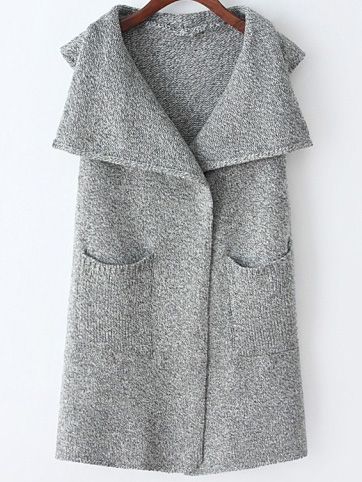 Light Grey Lapel Sleeveless Pockets Sweater Vest | SHEIN