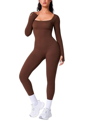 BRXL Long Sleeve Jumpsuit for Women Workout Yoga Square Neck Full Body Suits Shapewear One Piece Bodycon Jumpsuits Brown S | Amazon (US)