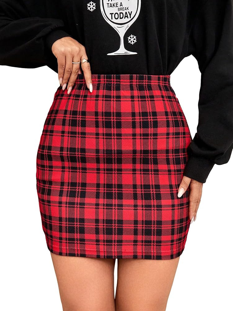Floerns Women's Casual Split Hem High Waisted Mini Bodycon Plaid Skirt | Amazon (US)
