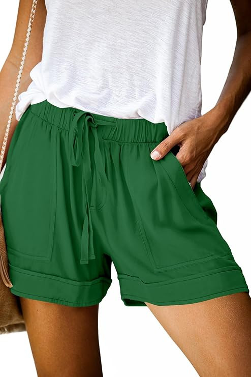 QUEEN PLUS Womens Casual Shorts Comfy Elastic Waist Drawstring Pocket Shorts Pants | Amazon (US)