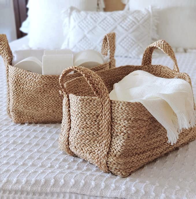 GooBloo Wicker Baskets - Set of 2 - 10” x 7” Natural Woven Jute Blanket Basket with Handles -... | Amazon (US)