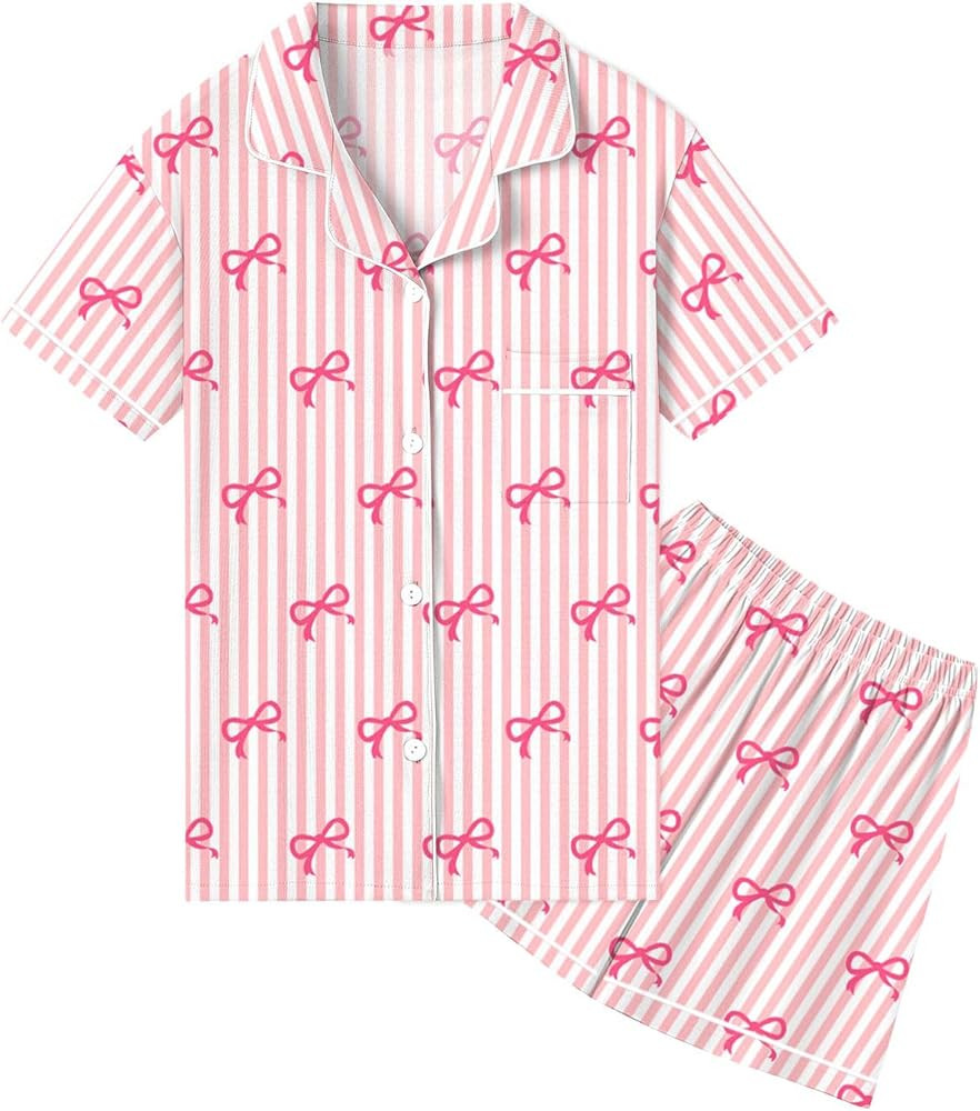QZH.DUAO Girls & Women's Pajamas Set 100% Cotton PJ Set Button-Down Short Sleeve Sleepwear for Ag... | Amazon (US)