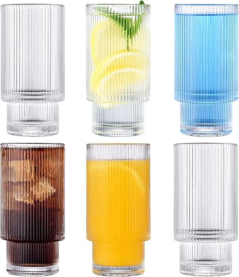 Glass Cups, Vintage Glassware 6pc Set, 12oz Origami Style Glass Cup, Ribbed Glassware, Fluted Gla... | Amazon (US)