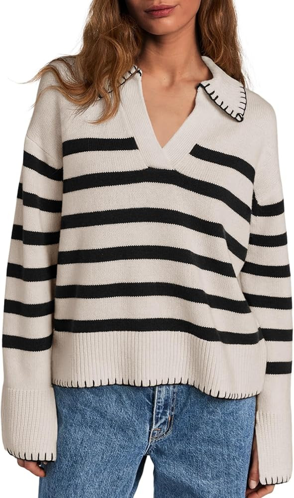 Saodimallsu Women's Striped Sweaters V Neck Collared 2024 Fall Trendy Knit Long Sleeve Loose Pull... | Amazon (US)
