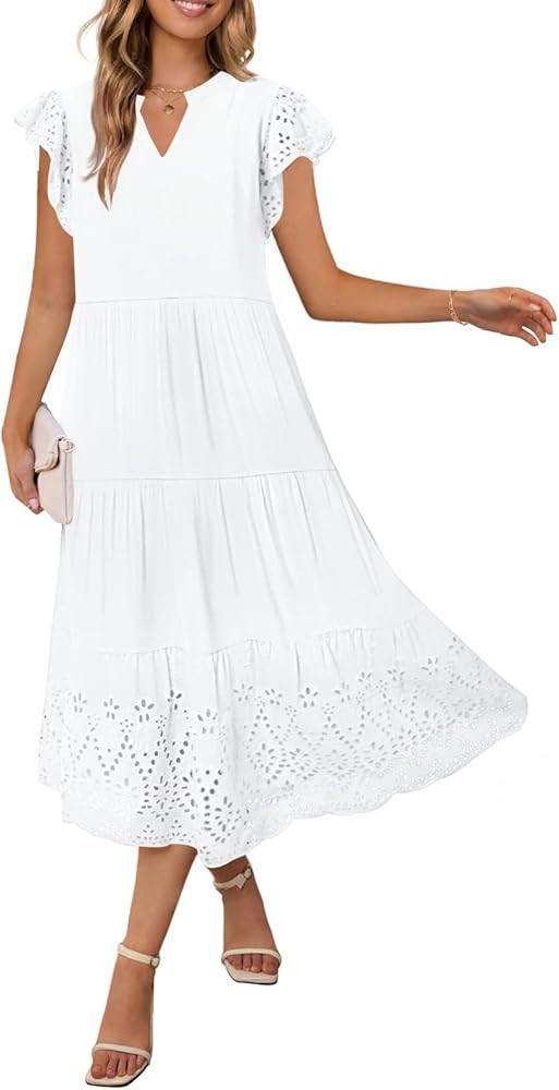 MEROKEETY Women's 2025 Summer Short Sleeve Midi Dress V Neck A-Line Ruffle Tiered Eyelet Casual D... | Amazon (US)