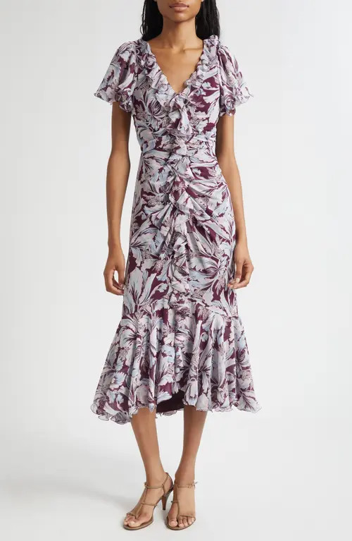 Cinq à Sept Clio Floral Ruffled Midi Dress in Deep Plum Multi at Nordstrom, Size 10 | Nordstrom