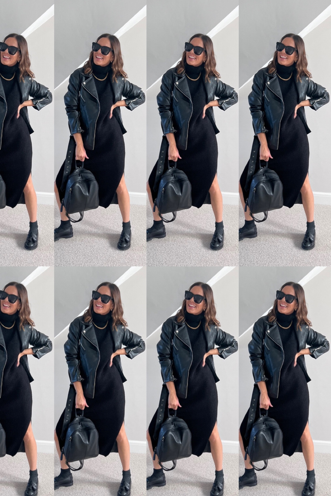 Edgy all
Black outfit. Over sized Biker jacket. Knitted roll neck midi dress socks and loafers  

#LTKstyletip #LTKunder50 #LTKSeasonal