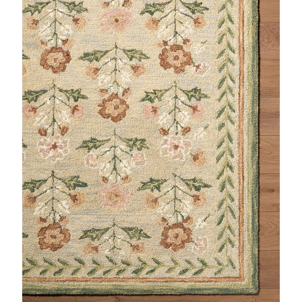 Floryn Updated Traditional Green Wool Floral Patterned Rug - 5'x7'6" | Kathy Kuo Home