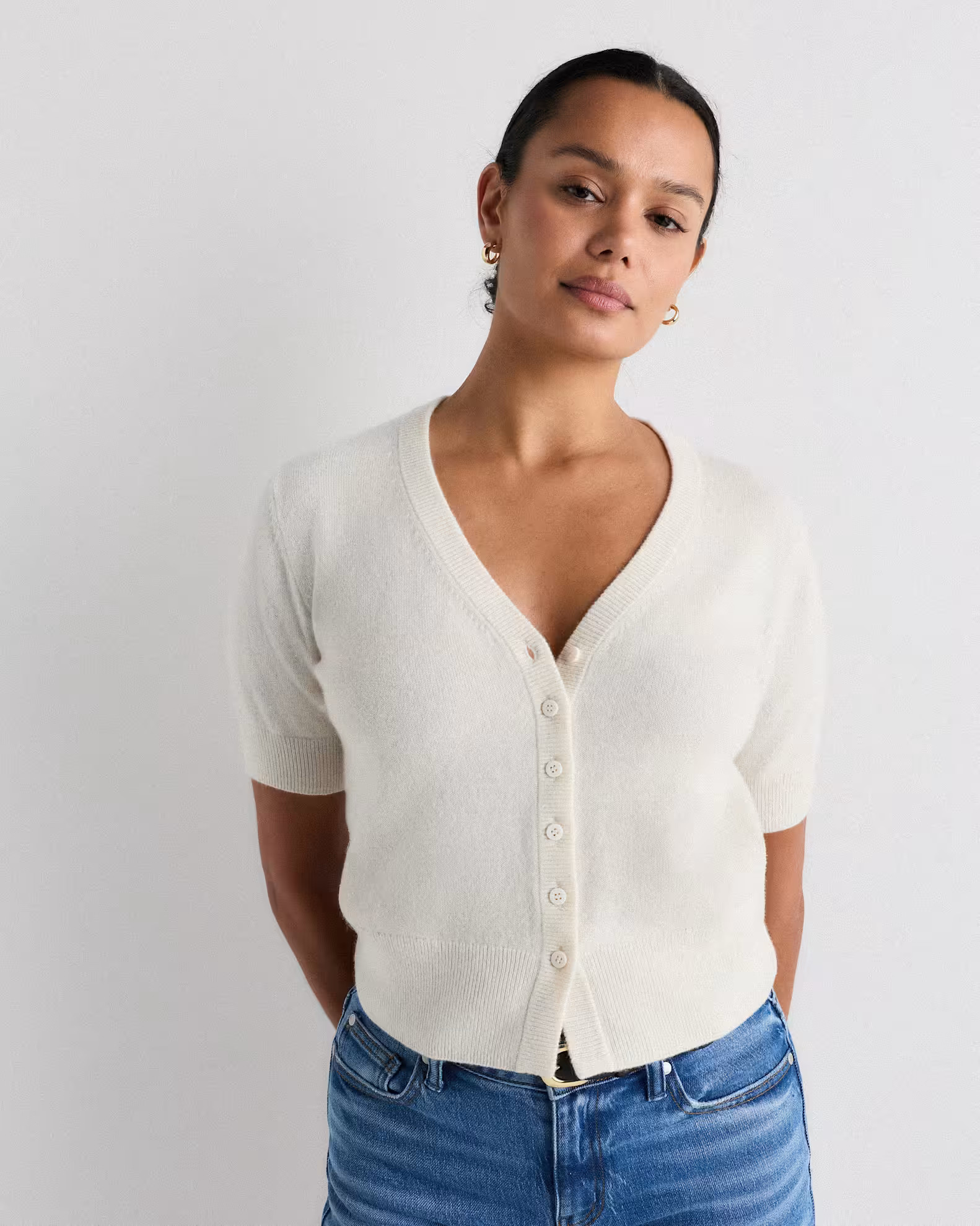 Mongolian Cashmere Short Sleeve Cardigan in Ivory | Quince