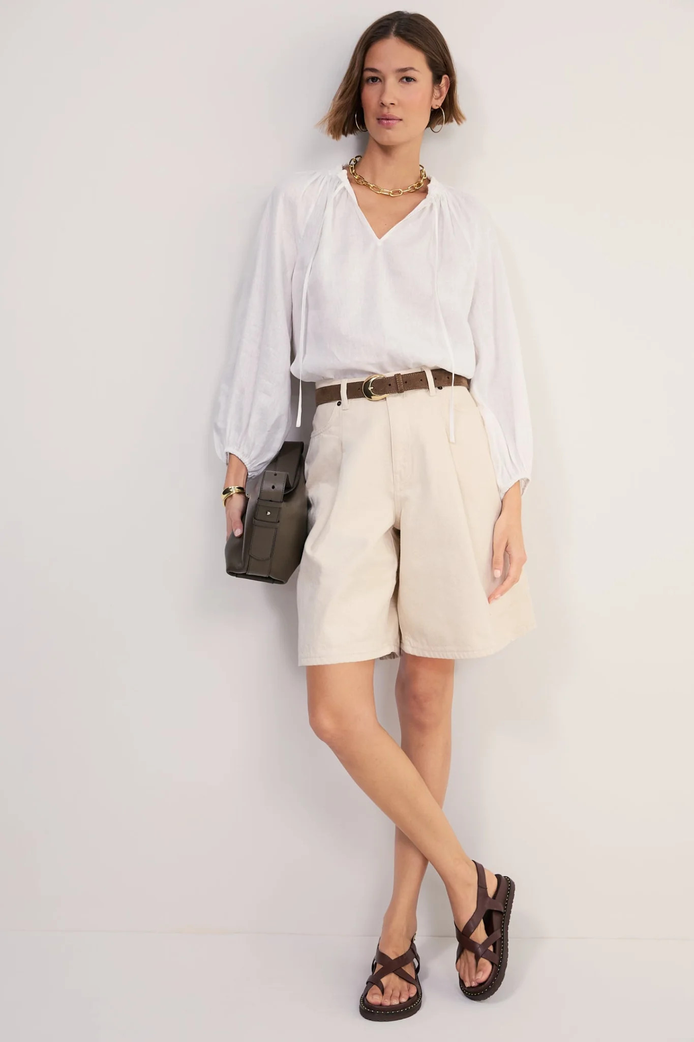 Lula Pleat Front Denim Long Short - Ecru | WYSE London
