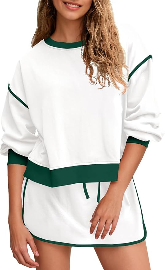 Fisoew Womens Sweatsuits 2 Piece Set Crewneck Sweatshirts High Waisted Skort Skirts Tennis Runnin... | Amazon (US)