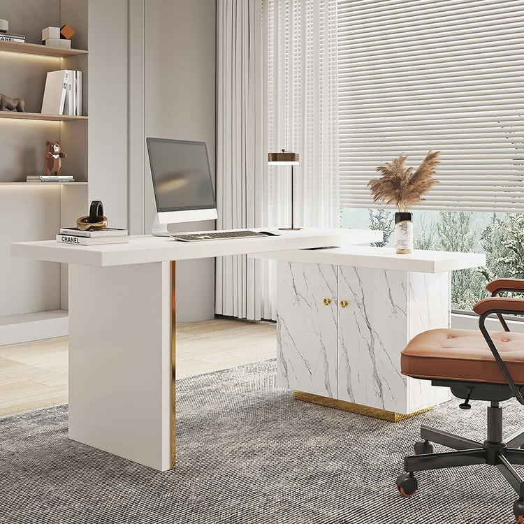 88" Modern White L-Shape Writing Desk with Side Cabinet Wood Office Desk Gold Finish | Homary