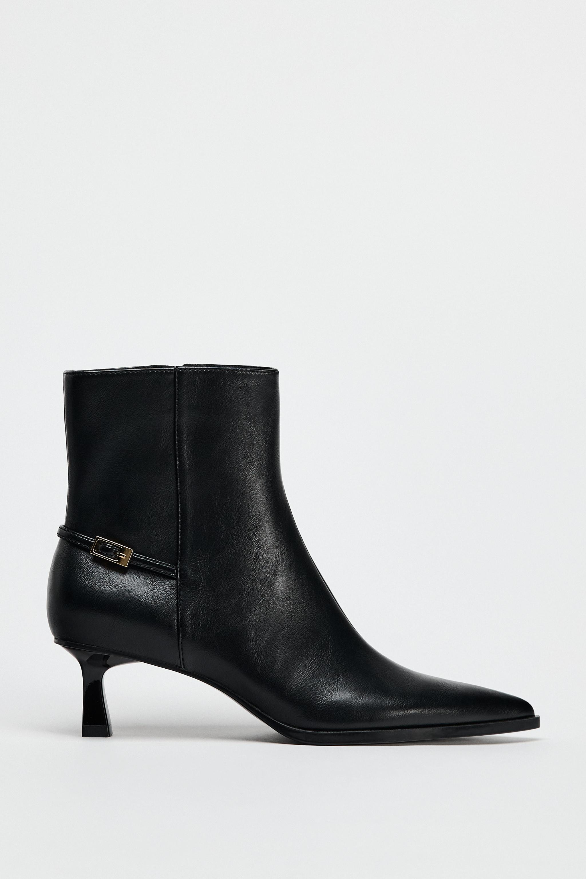 Kitten heel ankle boots. Strap with side metal buckle. Side zip closure. Pointed toe. Heel height... | Zara US