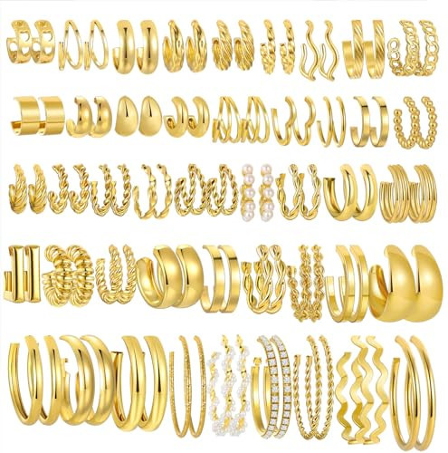 45 Pairs Gold Hoop Earrings Set for Women, Chunky Gold Earrings Multipack, Trendy Hypoallergenic Silver Hoop Earring Pack (Style2-gold) | Amazon (US)