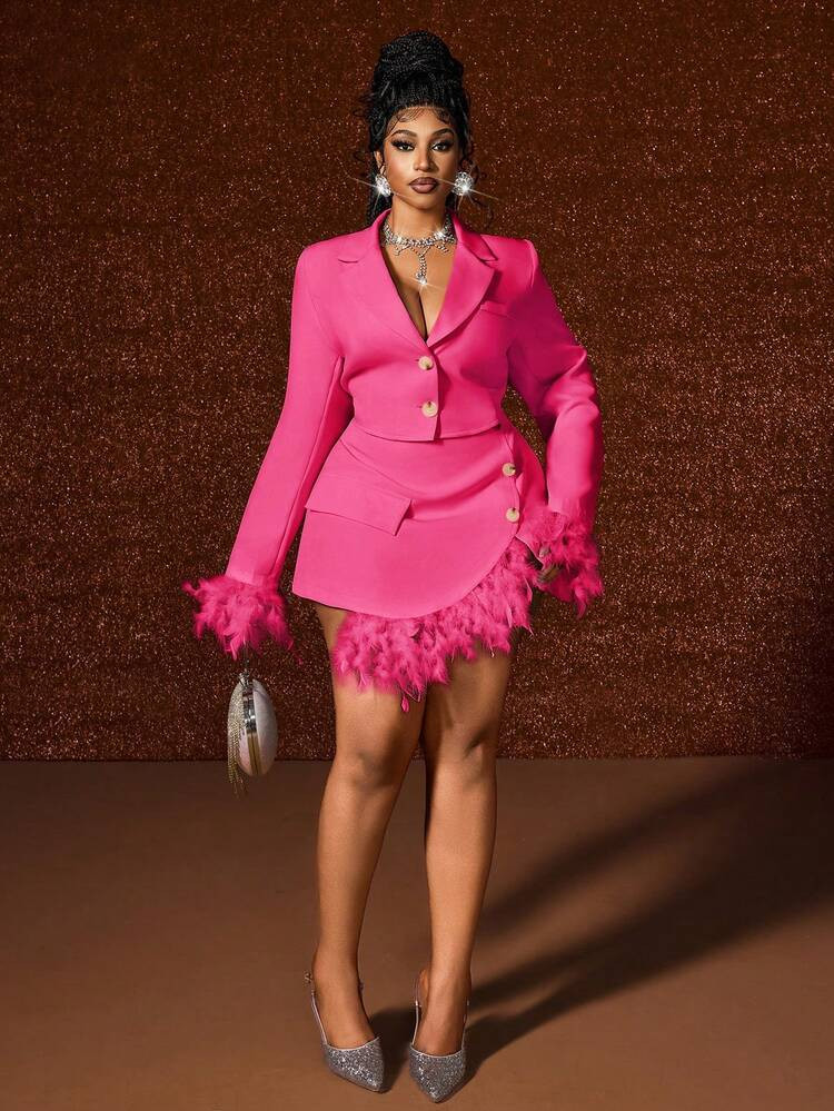 Maweii 2pcs/Set Fashionable Pink Plush Blazer Jacket Paired With Skirt Suit | SHEIN
