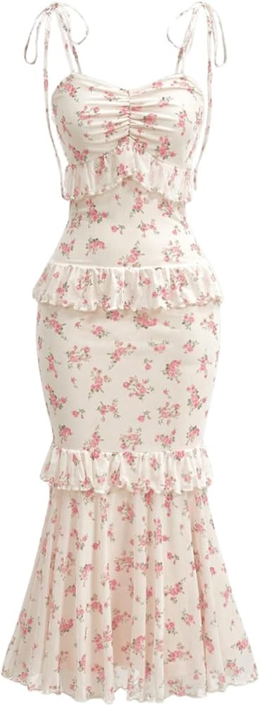 Women's Floral Print Tie Shoulder Knot Cami Dress Spaghetti Strap Mesh Ruffle Hem Slim Fit Maxi D... | Amazon (US)
