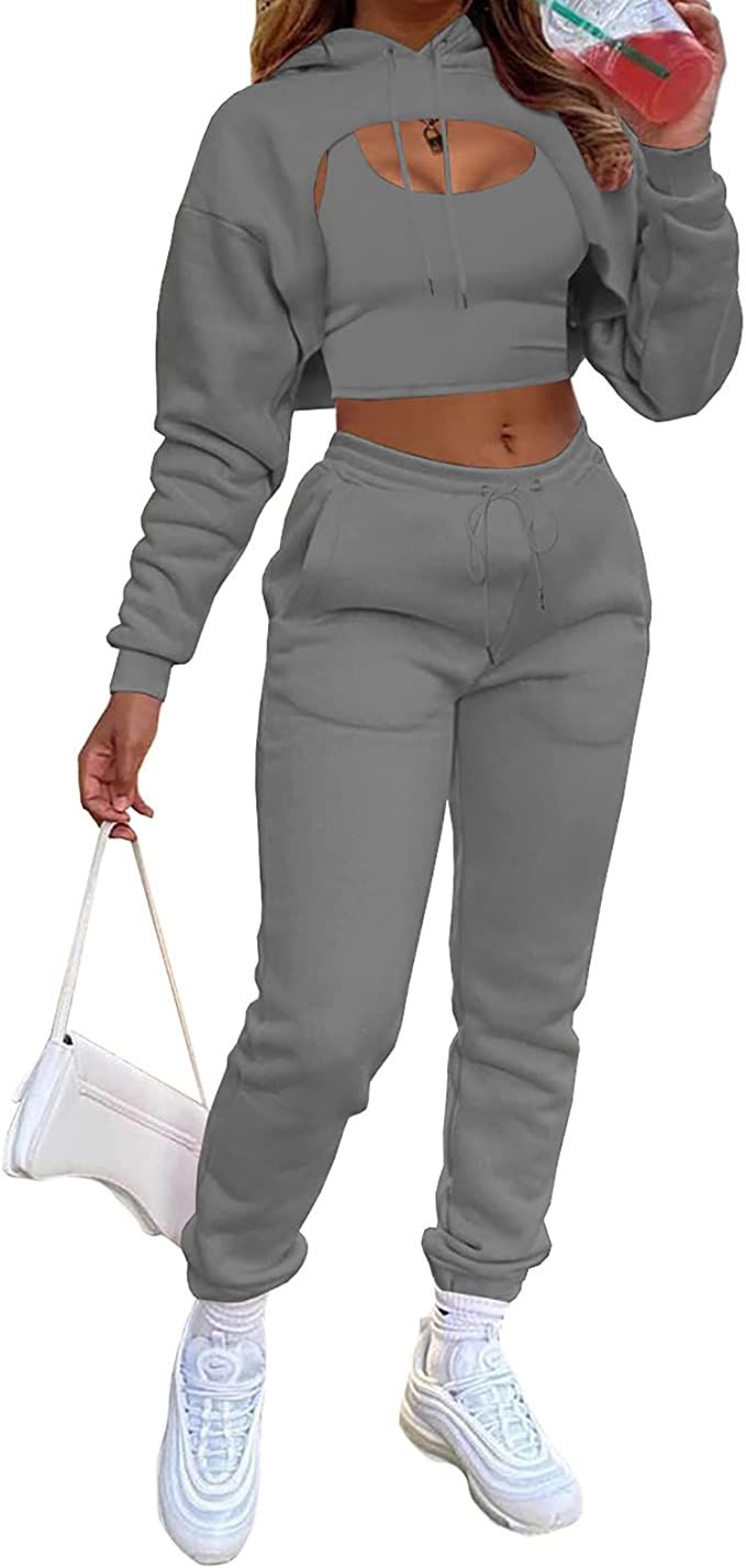 Women's Sexy 3 Piece Tracksuits - Long Sleeve Pullover Crop Top Hoodie +Tank Top+Drawstring Long ... | Amazon (US)