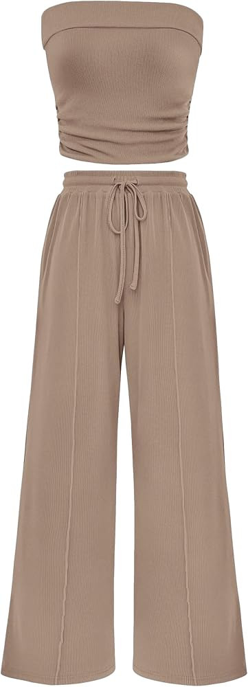 PRETTYGARDEN Womens Summer Outfits 2 Piece Sets Casual Ribbed Knit Crop Tube Top Wide Leg Pants S... | Amazon (US)