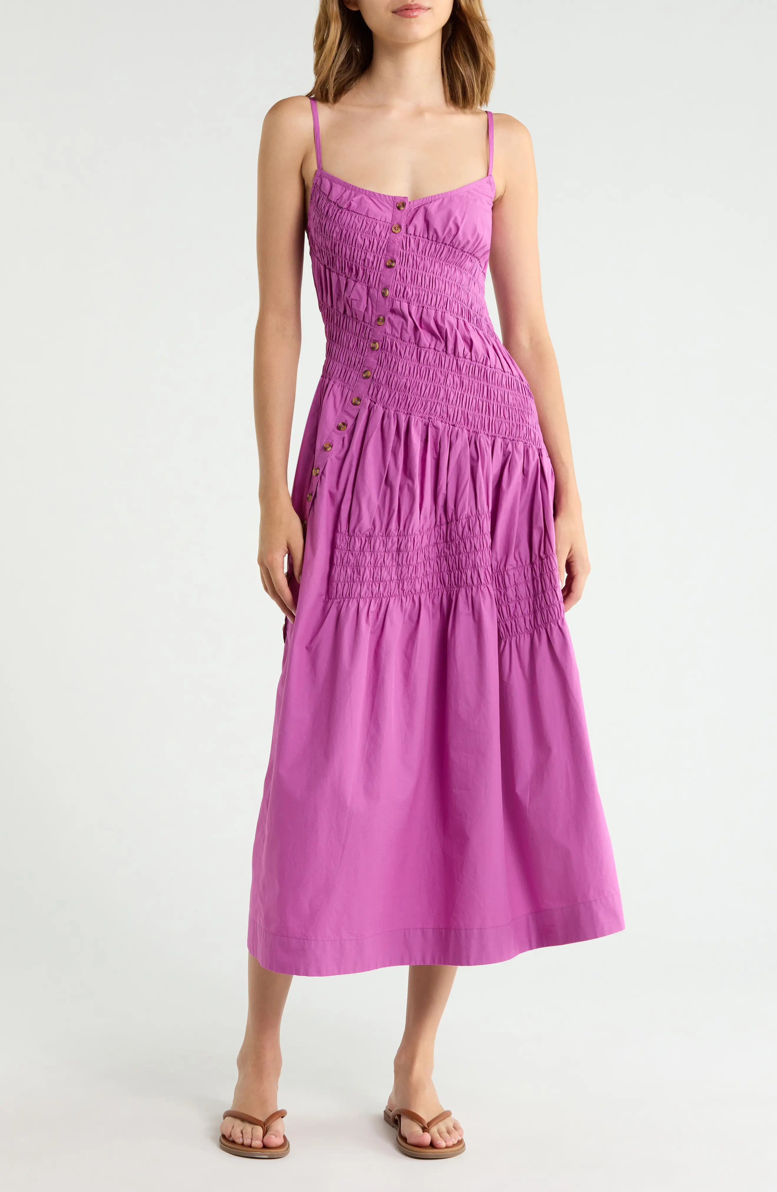 Damson Madder Lyra Sleeveless Shirred Midi Sundress in Magenta at Nordstrom, Size 6 | Nordstrom