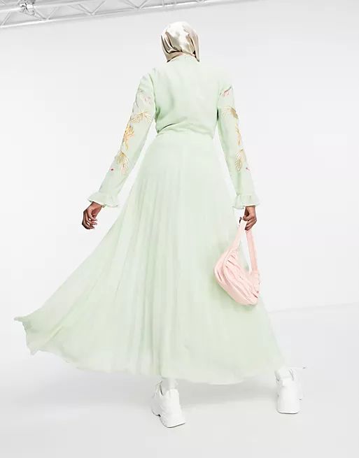ASOS DESIGN embroidered pleated maxi dress with fluted sleeve in sage green | ASOS (Global)