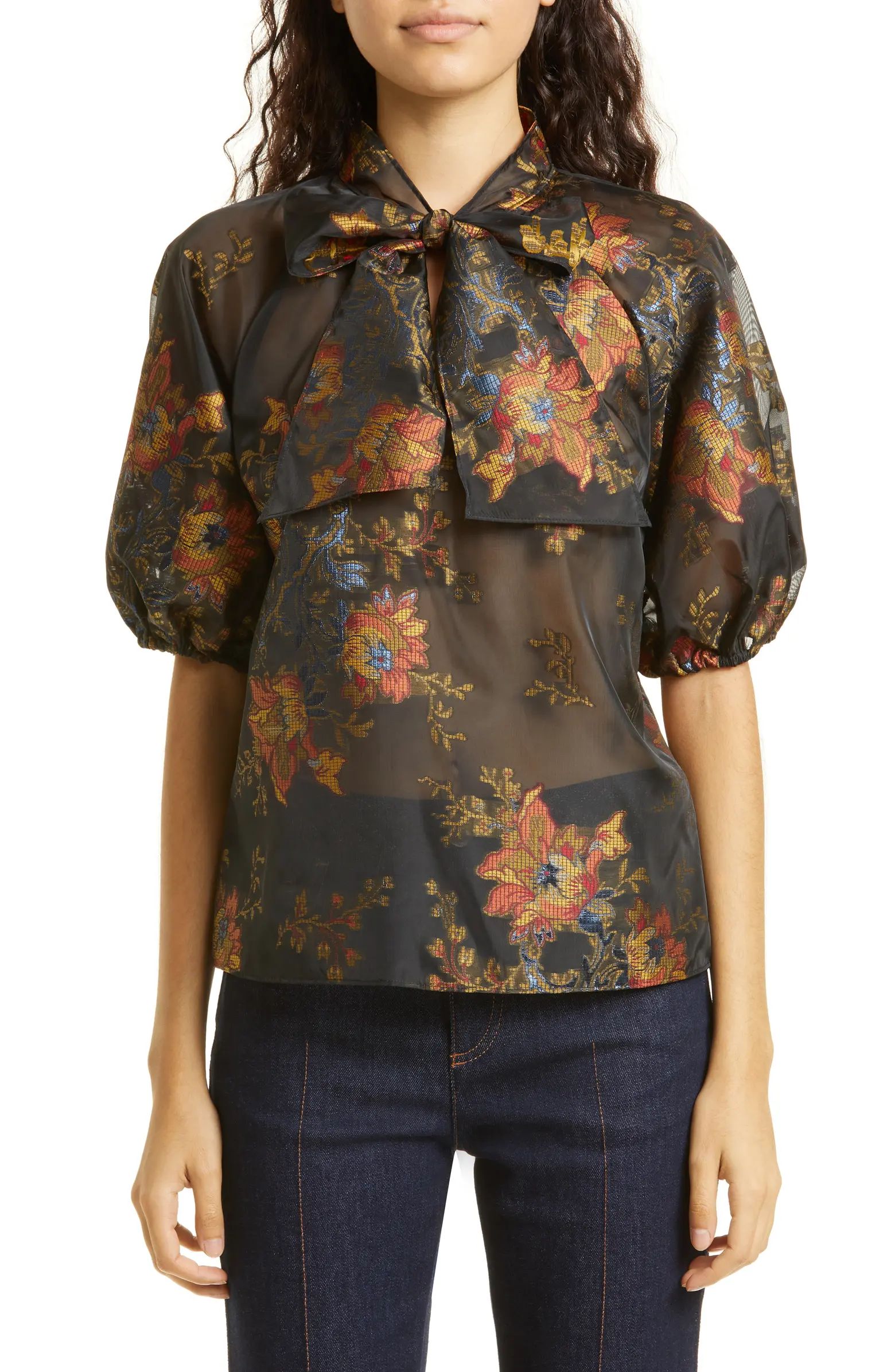 Ted Baker London Marshil Metallic Pussy Bow Puff Sleeve Top | Nordstrom | Nordstrom